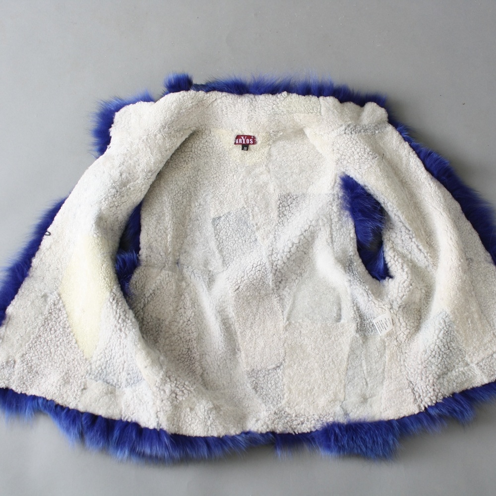 Vtg blue leather shearling patchwork fur vest - Picture 6 of 8